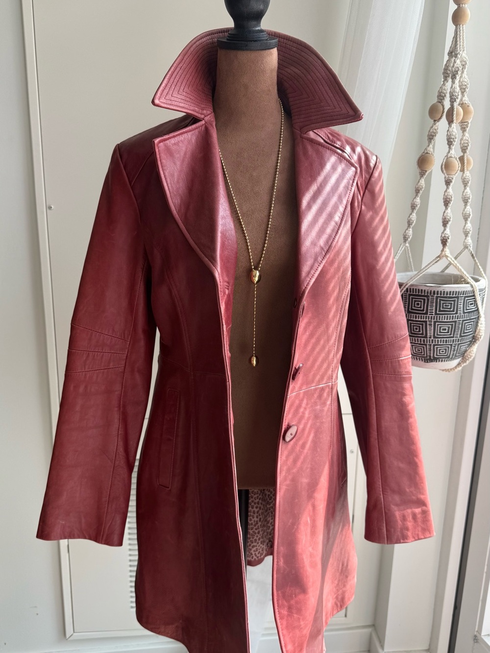 Vintage Guess Leather Red Jacket with Leopard-Print Lining